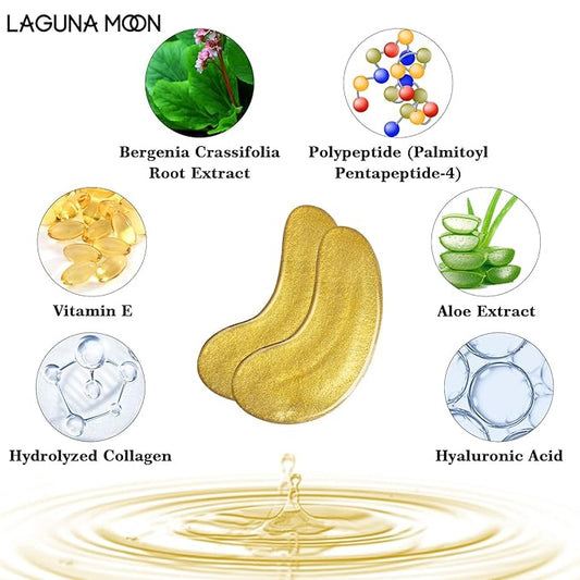 24K Gold Eye Mask, Anti-Aging Hydrolyzed Collagen and Hyaluronic Acid Under Eye Patches for Puffy Eyes & Bags, Dark Circles and Wrinkles, 16 pairs