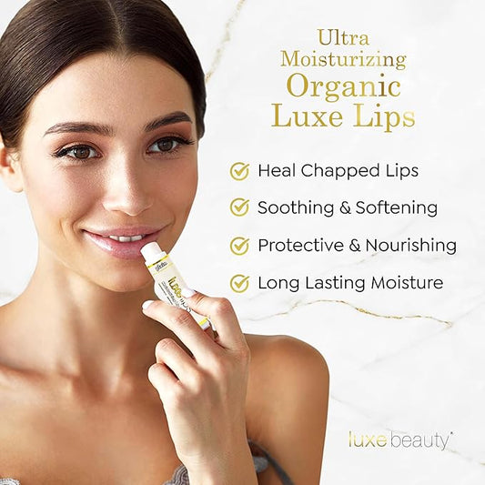 Luxe Beauty No-Beeswax, No-Petroleum Organic Lip Moisturizer for Very Dry Lips - For Sun/Wind Damage, Dryness & Chapping Lip Care – 4-Pack Hydrating Lip Care Products That Work Over/Under Lipstick