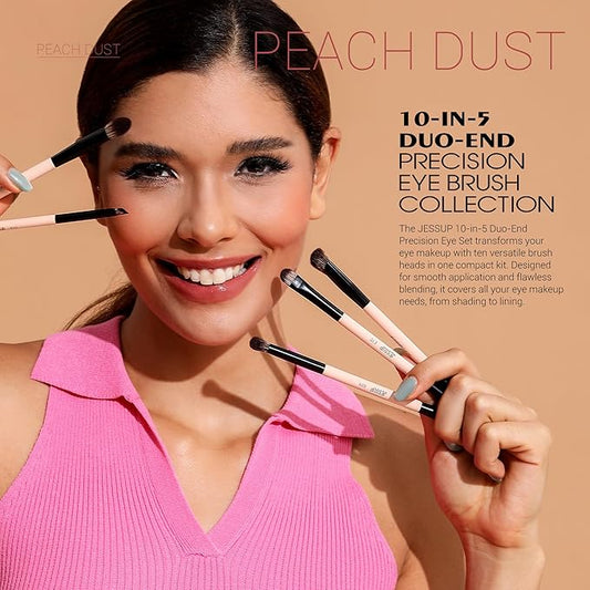 Jessup Makeup Brushes 5pcs Double Ended Eyeshadow Brush Contour Blending Eyeliner Eye Shader Brush, Vegan Fiber Precision Eye Brush Set Peach Dust T509