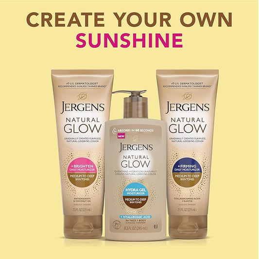 Jergens Natural Glow Hydra Gel Moisturizer, Gradual Tanning Lotion with Hyaluronic Acid, Hydrating Tanning Gel, Fragrance-Free Self Tanner, Medium to Deep Skin Tones 8.3 Fl Oz