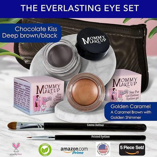 The Everlasting Eye 5 Piece Waterproof Makeup Set. Gel Eyeliner, Creme Eyeshadow, 2 brushes and Mesh Bag. Paraben-free, Talc-free, Cruelty-free. Golden Caramel/Chocolate Kiss 1502