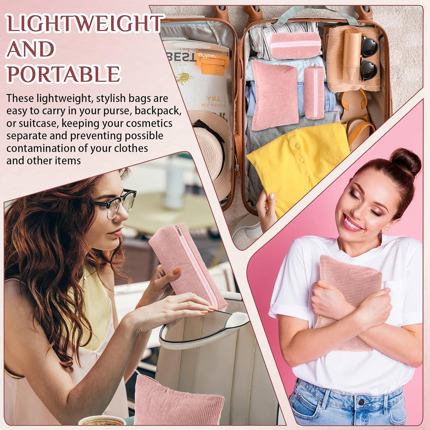 3 Pcs Makeup Bag Set for Women Corduroy Cosmetic Pouch Aesthetic Smile Travel Toiletry Bag Cute Purse Pouch Pencil Case Makeup Brushes Storage Organizer for Christmas(Pink,Solid Style)