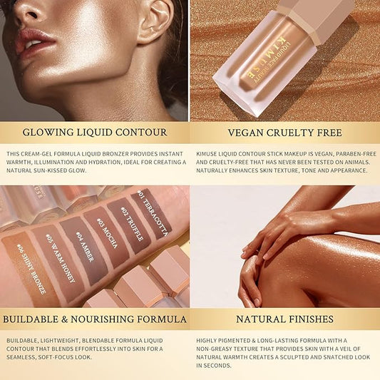 KIMUSE Soft Liquid Contour Stick, Glow Liquid Cream Bronzer, Weightless, Long-Wearing, Smudge Proof, Natural-Looking, Blendable, Bronzer Makeup