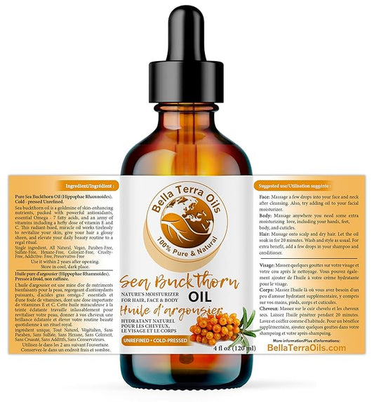 Bella Terra Oils - Seabuckthorn Berry Oil 4oz - Experience Nature's Luxurious Touch, Brimming with Vitamin E & Carotenoids, Transcend Ordinary Skincare