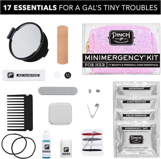 Pinch Provisions Orchid Glitter Minimergency Kit, includes 17 Travel-Sized Cosmetic Essentials, Convenient for Purses, Emergency Beauty Accessories, Gifts for Holiday’s & Birthday’s