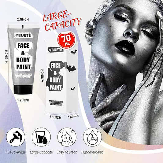 Sliver Water Based Face Body Paint, 2.37 OZ Large Tube Full Coverage Face Paint for Skull Goth Cosplay, Washable Metallic Silver Body Painting Cream for Adult Carnival Halloween SFX Makeup