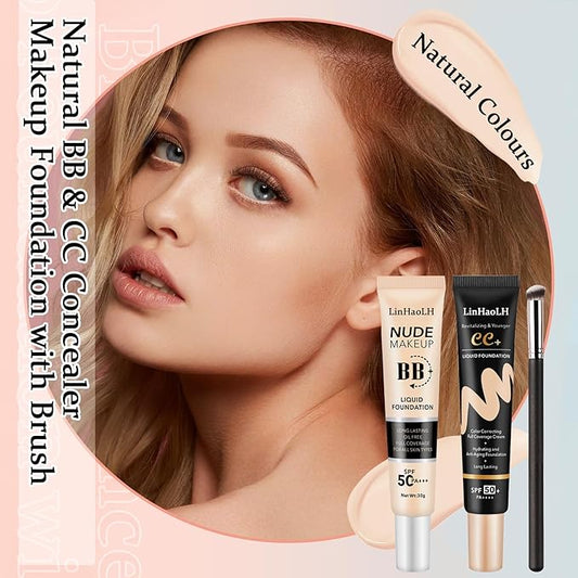 Full Coverage Concealer Foundation,Oil Control Long Lasting Lightweight BB Cream Tinted Face Moisturizer with SPF 50+ PA+++,Moisturizing CC Cream Liquid Foundation Makeup Brush Set(2 Pack)