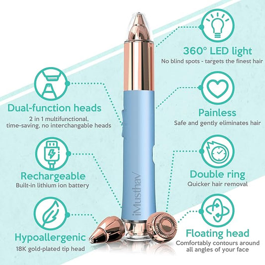 2 in 1 Flawless Eyebrow and Facial Hair Remover for Women Painless Electric Razor Epilator Trimmer Shaver with 18K Gold-Plated, USB Rechargeable, 360° LED for Eyebrow and Face Hair Removal