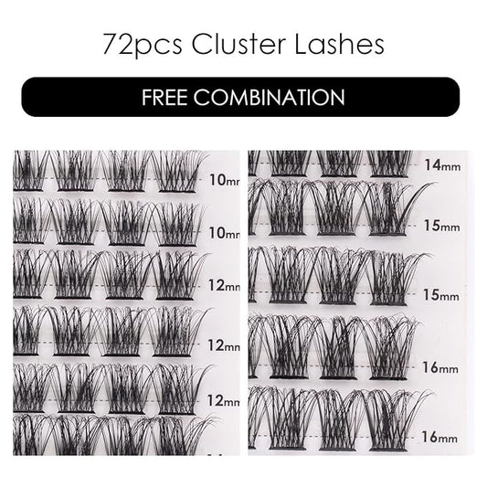 Cluster Lashes 72 Individual Lashes Clusters Eyelash Extensions False Eyelashes DIY Lash Extension Kit Reusable False Eyelashes Natural Look Mix 10-16mm C D Curl-DM17