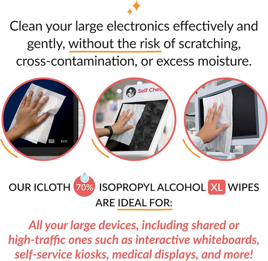 iCloth 70% Isopropyl Alcohol XL Screen and Electronics Wipes, Lint-Free, Streak-Free, Fast-Drying, Removes Dust and Fingerprints, 192 Wipes