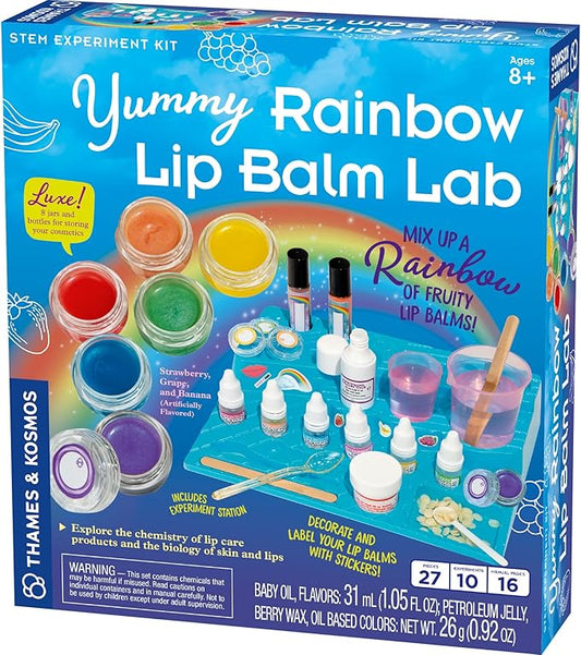 Thames & Kosmos Yummy Rainbow Lip Balm Lab STEM Kit | Make Lip Balms, Glosses | Strawberry, Grape, Banana Flavors & Cosmetic Jars | Chemistry & Biology of Skin Care | 2-Language (EN/FR)