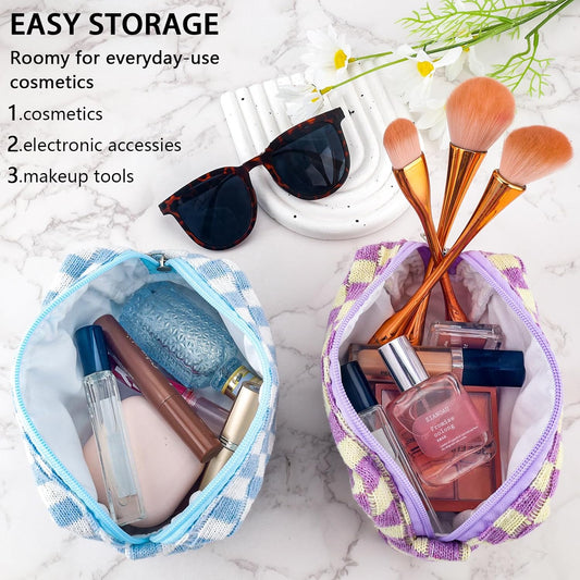 ZLFSRQ 2Pcs Checkered Pencil Case Cute Pencil Pouch for Teens Checkered Makeup Bag Medium Travel Cosmetic Bag Preppy Makeup Pouch for Purse Aesthetic Zipper Toiletry Bags Organizer(Blue/Purple)