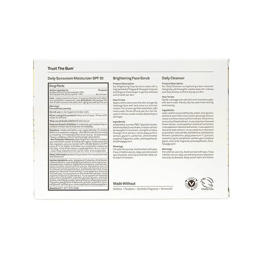 Sun Bum Skin Care Travel Essentials Kit | Cleanse, Brighten, Moisturize, Protect with Daily Cleanser, Brightening Face Scrub, and Daily Sunscreen Moisturizer | Includes Aloha Collection Travel Pouch