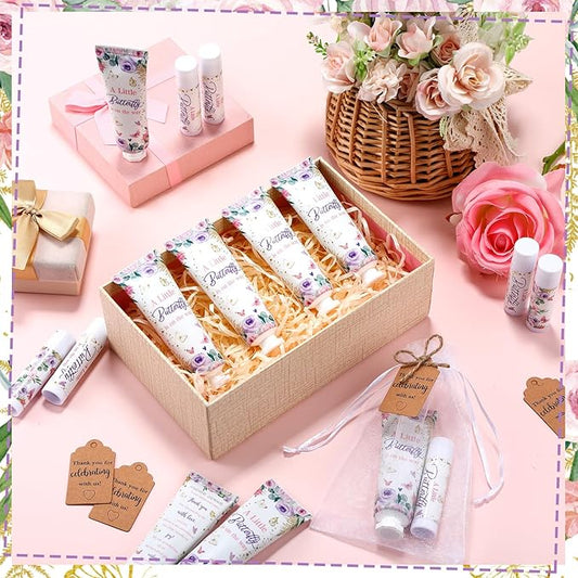 50 Sets 200 Pcs Baby Shower Hand Lotion and Lip Balm Gift Theme Baby Shower Party Favors Travel Size Hand Lotion and Lip Balm Bulk with Organza Bags Tags(Butterfly)