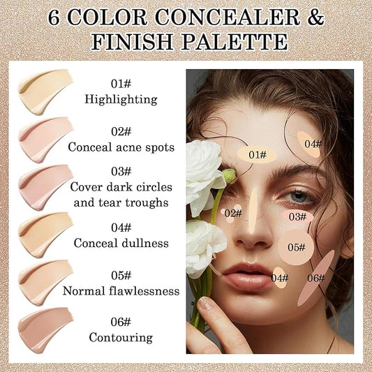 6 Colors Correcting Concealer Cream Contour Palette,Long Lasting Concealer Cream Makeup Palettes with Concealer Brush,Multi-purpose Contouring Liquid Foundation Makeup Kit