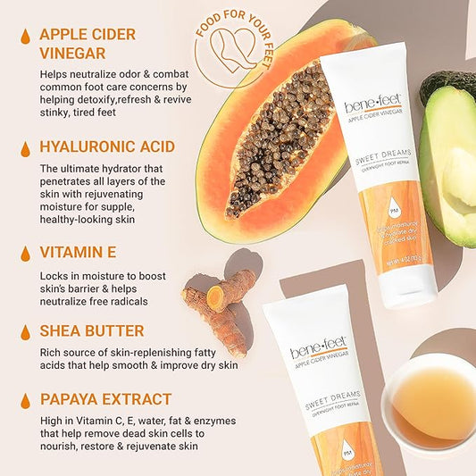 Benefeet Sweet Dreams Overnight Foot Repair - Night Cream for Detox, Moisturize & Soften Dry Cracked Skin, With Apple Cider Vinegar, Turmeric & Borage Oil, 4oz (2 Pack)