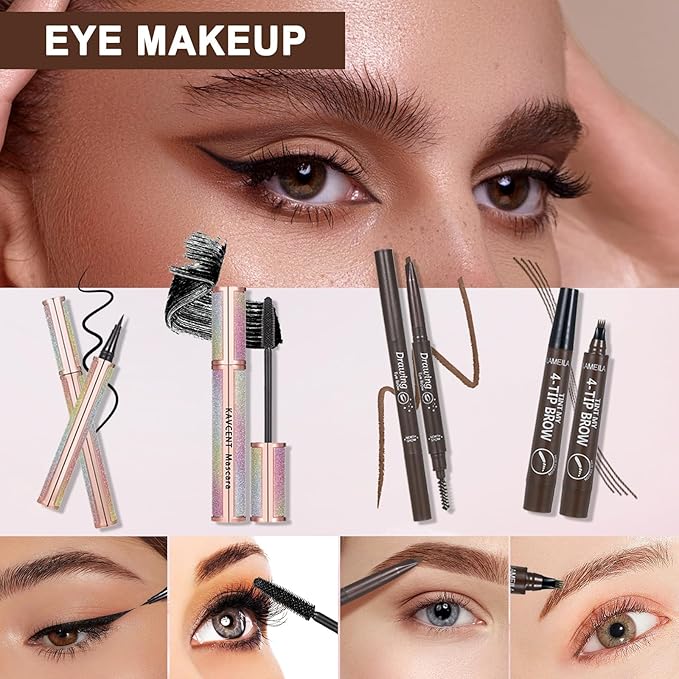 All in One Makeup Kit Makeup Kit for Women Full Kit Multipurpose Makeup ,eyeshadow、 liquid foundation,Loose powder,Eyebrow pencil,4-color lip gloss set