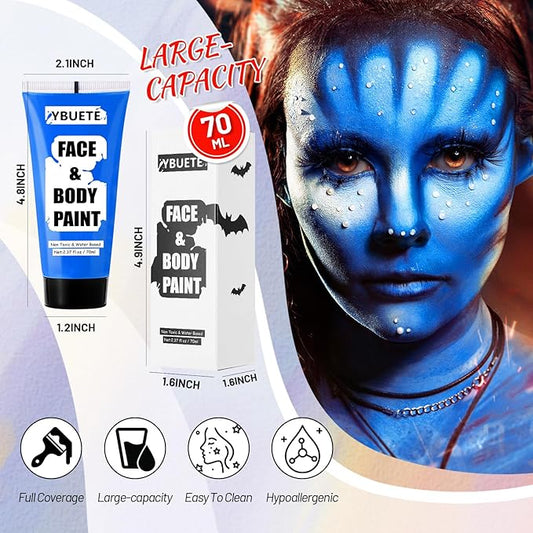 Blue Water Based Face Body Paint, 2.37 OZ Large Tube Full Coverage Face Paint for Avatar Smurfs Mermaid Cosplay Makeup, Washable Royal Blue Body Painting Cream for Adult Halloween SFX Makeup