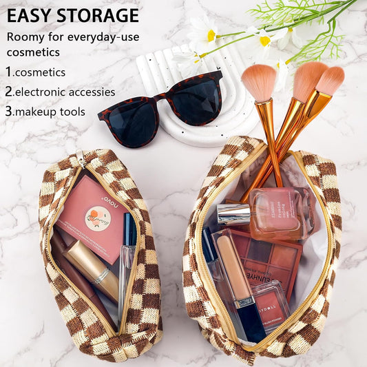2Pcs Checkered Pencil Case Cute Pencil Pouch for Teens Checkered Makeup Bag Travel Cosmetic Bag Set Cute Makeup Pouch for Purse Portable Zippered Skincare Bags Preppy Toiletry Bags Organizer(Brown)