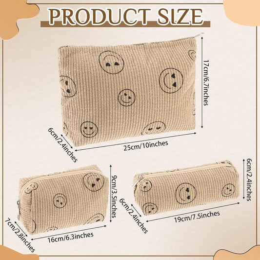 3 Pcs Makeup Bag Set for Women Corduroy Cosmetic Pouch Aesthetic Smile Travel Toiletry Bag Cute Purse Pouch Pencil Case Makeup Brushes Storage Organizer for Christmas(Khaki,Smile Face)