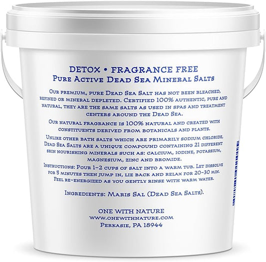 One With Nature 100% Pure Dead Sea Salt for Bath, 5lb Unscented. Dead Sea Salt is high in Essential Minerals, Such as Magnesium, Sulfur, Zinc, Potassium. Exfoliates, Nourishes Skin, Helps Restore pH