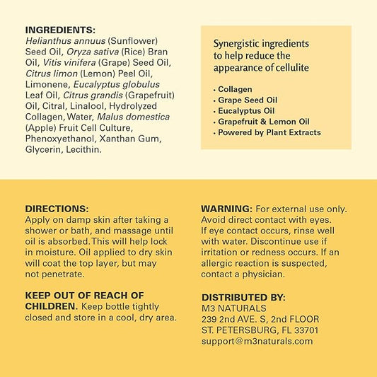 M3 Naturals Firming Body Massage Oil with Collagen & Stem Cell – Helps Smooth The Appearance of Cellulite & Improve Skin Texture – Refreshing Aromatherapy Body Oil for Legs & Full Body – 16 Fl Oz