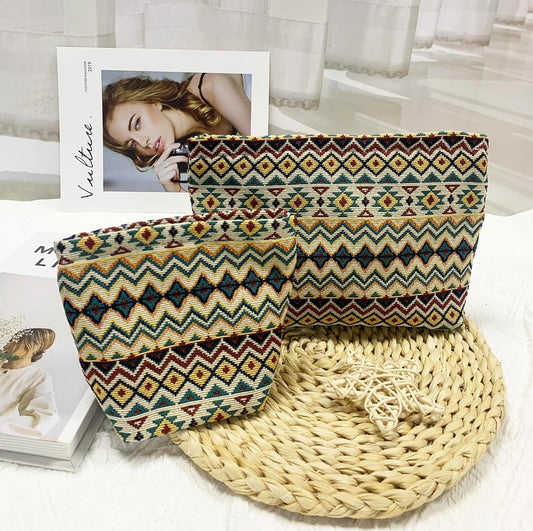 2 Pcs Makeup Bags, Large Cosmetic Bag Travel Toiletry Bag Organizer for Women, Embroidery Craft, Stripe Makeup Bag Small Cosmetic Pouch Purse with Zipper Gifts for Girls Teen