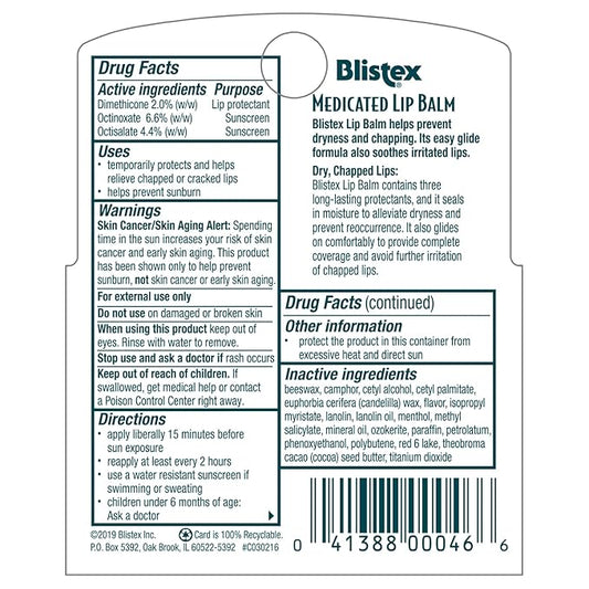 Blistex Medicated Lip Balm, 0.15 Ounce, 3 Count (Pack of 1) Prevent Dryness & Chapping, SPF 15 Sun Protection, Seals in Moisture, Hydrating Lip Balm, Easy Glide Formula for Full Coverage