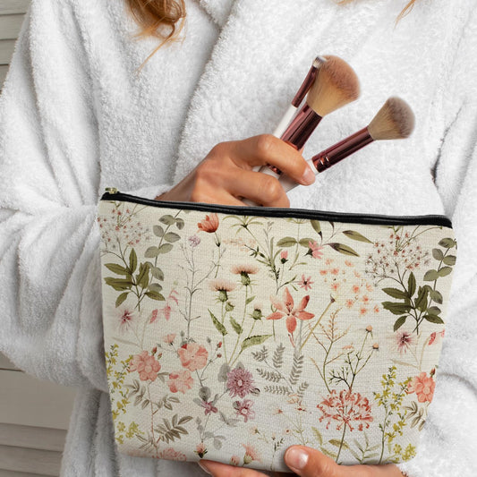 Floral Flower Makeup Bag, Cosmetic Bag for Women, Small Makeup Bag for Purse, White