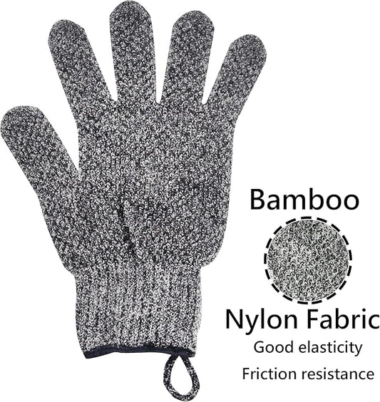 Exfoliating Gloves with Hanging Loop - 1 Pair Bamboo Charcoal Bath/Shower Gloves, Bath Gloves for Shower Exfoliating and Ingrown Hair/Dead Skin Remover - Bamboo Charcoal - Exfoliator Mitt Scrub Gloves