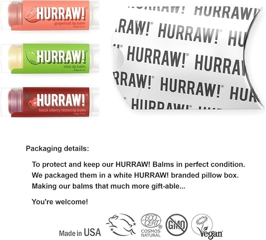 Hurraw! Grapefruit, Mint, Black Cherry Tinted Lip Balms, 3 Pack Bundle: Organic, Certified Vegan, Cruelty and Gluten Free. Non-GMO, 100% Natural. Bee, Shea, Soy & Palm Free. Made in USA