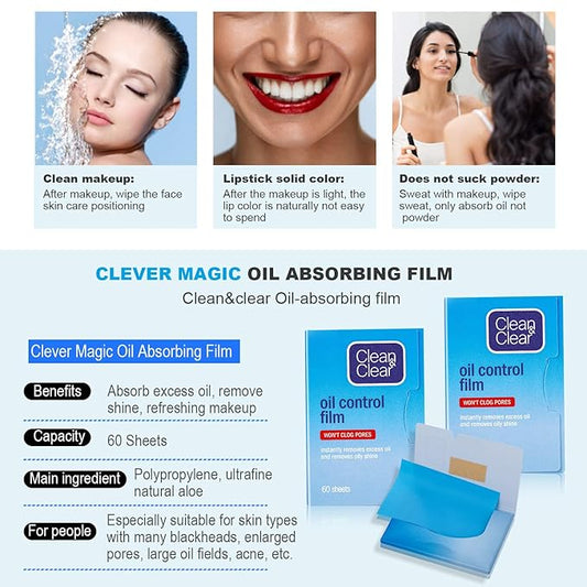 Oil Control Film, Oil Blotting Paper the Same Series with Clean & Clear Oil Absorbing Facial Sheets, 60 sheets Makeup Friendly High-performance Handy Face Blotting Paper for Oily Skin
