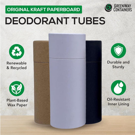 GreenWay 2.5oz / 70g Kraft Paperboard Deodorant Tubes With Lids - 12 Pack Solid Perfume Refillable DIY Cosmetic Containers - Lotion Empty Holder Tubes Kraft - White