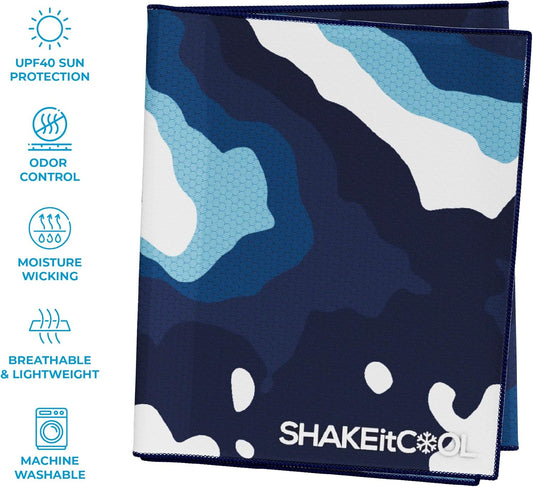 SHAKEitCOOL Extended Size Cooling Towel – Be Cool in Style - Heat Relief, Soft, Lightweight, Sun Protection, Easy Clean - Perfect for Biking, Hiking, Running, Yoga, Golf, Gardening - Blue Ocean M