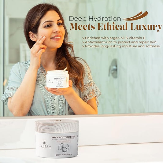 AZMERA Handcrafted Whipped Shea Body Butter – Unscented Moisturizer for Dry, Sensitive Skin with Argan Oil & Vitamin E – Vegan, Non-Greasy Whipped Body Butter for Women & Men – 8.82 oz