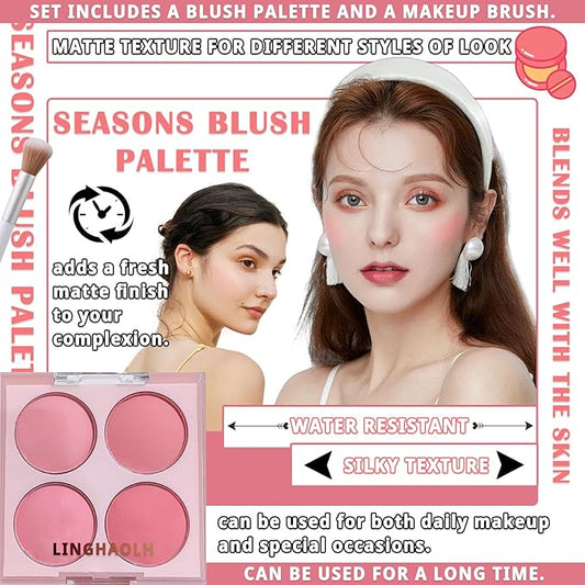 4 Colors Blush Palette for Cheeks,Face Matte Contour Blush Makeup Palette,Buildable Shimmer Facial Cheek Blusher Shades,Blendable Cosmetic Makeup Blush with Blush Brush 01