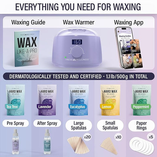 Tress Wellness Waxing Kit for Sensitive Skin – Safe for Face & Skin, Prep & Aftercare Spray, Easy to Use – At-Home Kit for Face, Bikini, Brazilian & Full Body - Digital Display, Purple