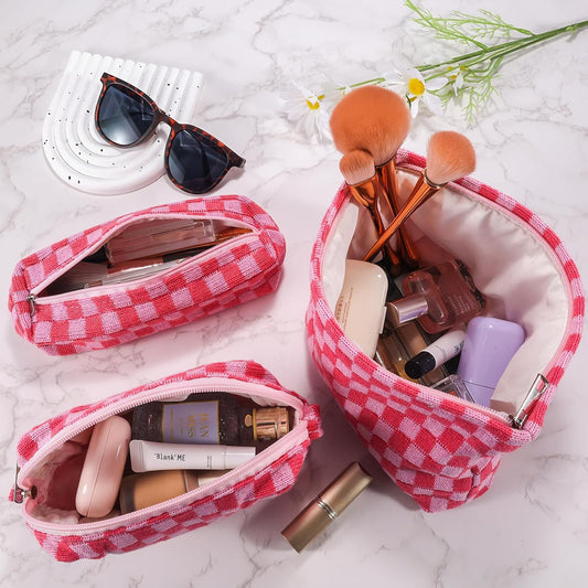 ZLFSRQ 3Pcs Makeup Bag Checkered Cosmetic Bag Set Travel Toiletry Bags for Purse Large Small Makeup Pouch for Women Cute Preppy Pencil Pouch Case Pink Zipper Skincare Bags