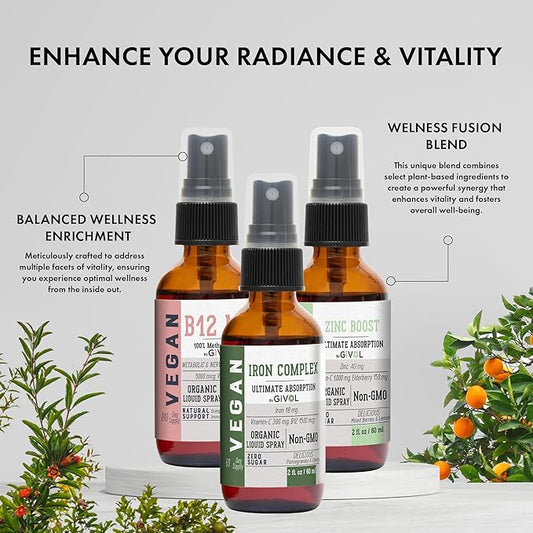 Iron Support Spray Bundle Liquid Vitamin B12 Methylcobalamin, Zinc Picolinate, and Bisglycinate | Non-GMO, Gluten-Free, Sugar-Free Iron Supplement | 2 Fl Oz Each | 360 Days Supply