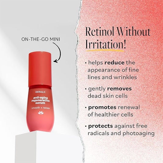 DERMA E Face Serum, Anti Aging Regenerative Retinol Serum for Face, 1 Fl Oz, Vitamin A, Bakuchiol, Glycolic Acid, Green Tea Extract, Helps Reduce Appearance of Fine Lines and Wrinkles