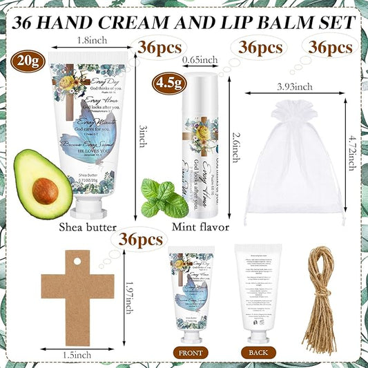 144 Pcs Christian Lip Balm Hand Cream Set Party Favors, Include 36 Bible Lip Balm 36 Moisturizing Hand Cream 36 Bags 36 Cards and Ropes for Accessories Gifts (Biblical, Cross)