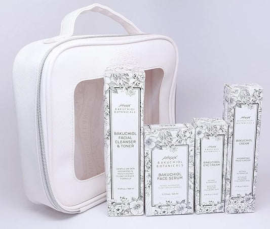 Bakuchol Botanicals Gift Set with Travel Case, Includes Face Serum, Toner & Cleanser All-in-One, Eye Cream, Moisturizer