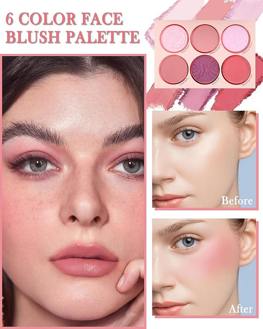 Matte Rose Face Blush Palette Kit with Brush-6 Colors Pink Purple Silky Mineral Blendable Blusher Contour Powder for Cheeks,Longlasting Facial Eyeshadow Beauty Cosmetic Makeup Gift for Women-Set 01