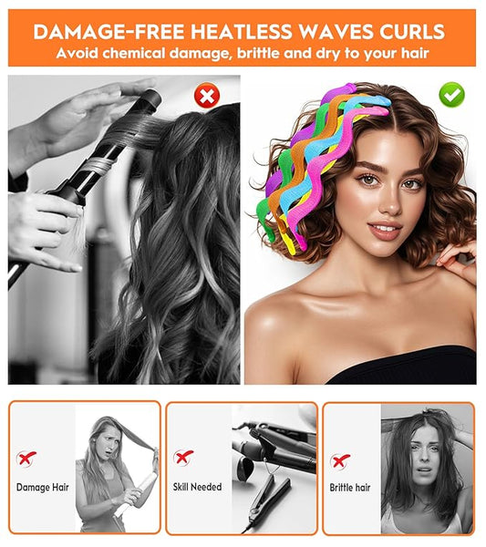30 Pcs Heatless Hair Curlers Wave Curls Styling Kit with 2 Pcs Styling Hooks, No Heat Hair Curlers Heatless Wave Curlers for Women Girls Short Hair (6 Colors, 25 cm/9.84 inch)