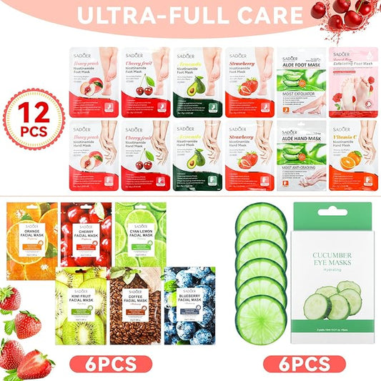 24 Pcs Fruits Beauty Facial Hand Foot Mask Cooling Eye Pads Set Spa Party Night Kit Beauty Skincare Hydrating Skin Cooling Eye Masks for Puffy Eyes Spa Stocking Stuffers Night Summer Party