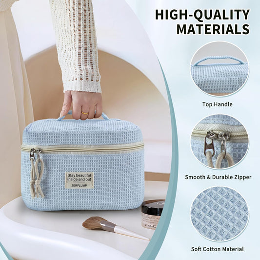 Cute Quilted Floral Makeup Bag(3Pcs),Coquette Aesthetic Cosmetic Bag,Travel Toiletry Bags, Kawaii Aesthetic pouch for Women (92 - Blue)