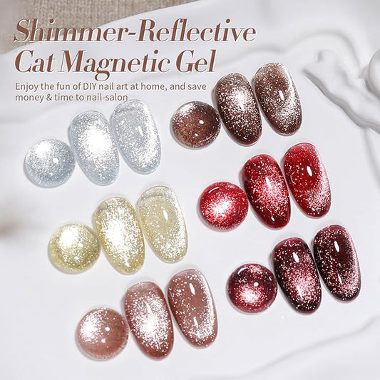 Born Pretty Cat Magnetic Eye Gel Nail Polish Reflective Glitter Gel Polish Red Silver Champagne Gold Glitter Gel Nail Polish 6PCS Set