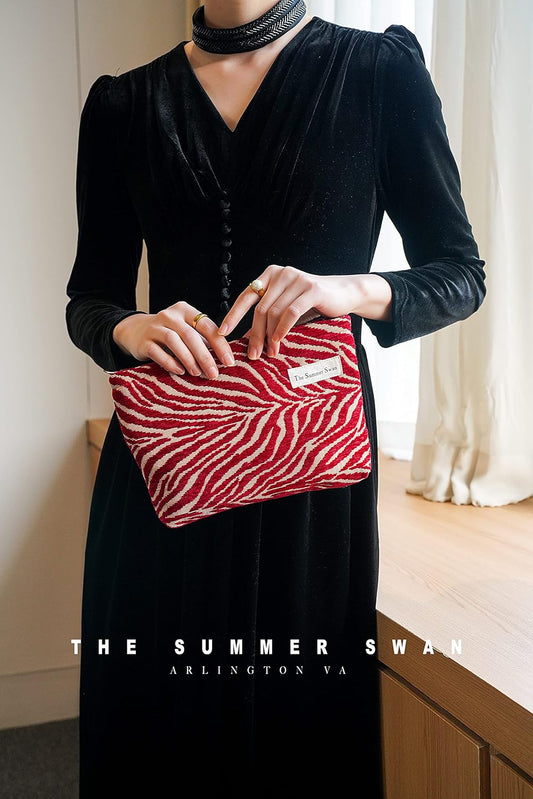 The Summer Swan | Large Aesthetic Floral Mid-day Clutch Period Kit Hygiene Skincare Cute Makeup Bag (Velvet Zebra Print Red)