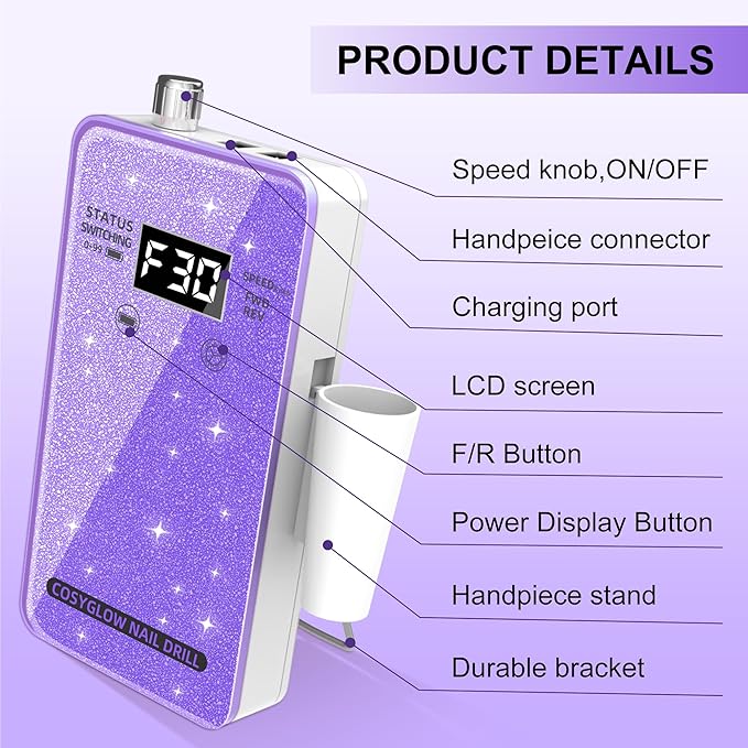 Professional Electric Nail Drill File:COSYGLOW Glitter Portable Cordless E-File Nail Drill Kit with 11 Drill Bits,30000 RPM Rechargeable Nail Drills Machine for Acrylic Nails Gel Polishing(Purple)