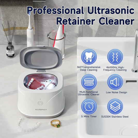 Ultrasonic Retainer Cleaner, KUNPHY 46KHz Professional Ultrasonic Jewelry Cleaner 7.5Oz, Retainer Cleaner Machine for Dentures, Braces, Aligner, Dental Appliances (White)